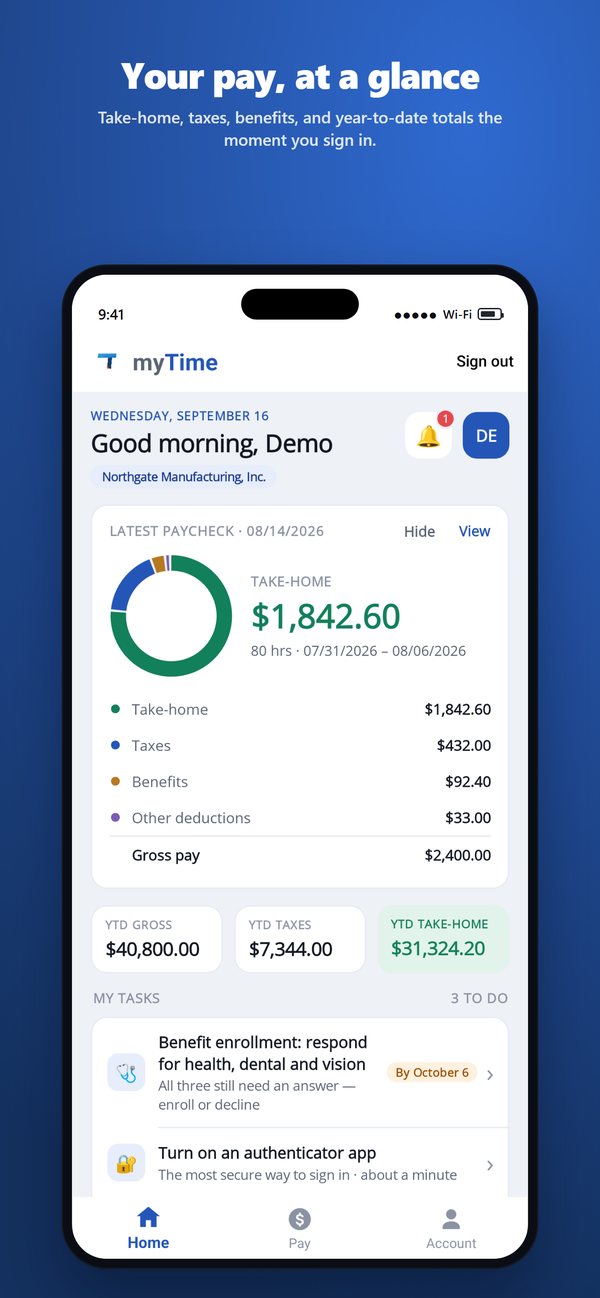 myTime home screen: latest take-home pay with a breakdown and year-to-date totals
